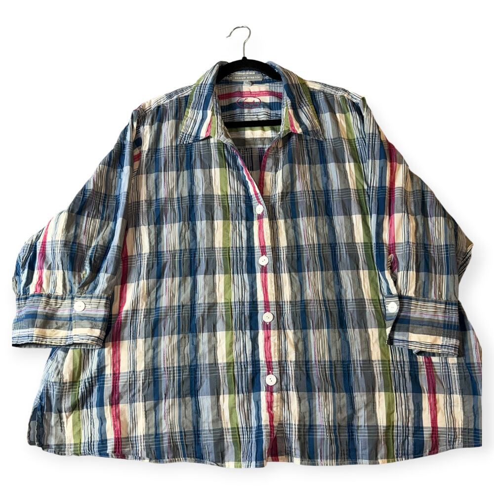 Foxcroft Shaped Stretch 3/4 Sleeve Button Up Crinkle Shirt, Plaid, Women's 24